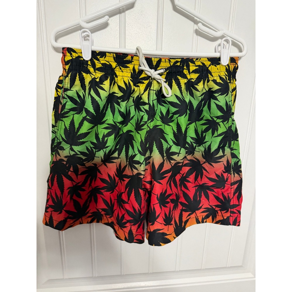 Trunks Surf & Swim Co. Swim Trunks Mens Medium Rasta Marijuana Leaf Print EUC